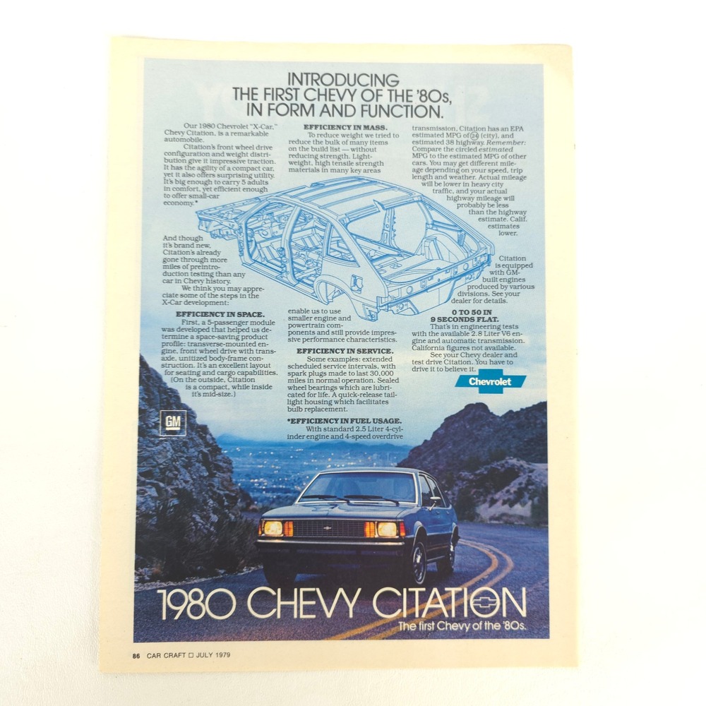 1980 Chevy Citation Print Ad Vintage Chevrolet Man Cave Garage Decor Display Art